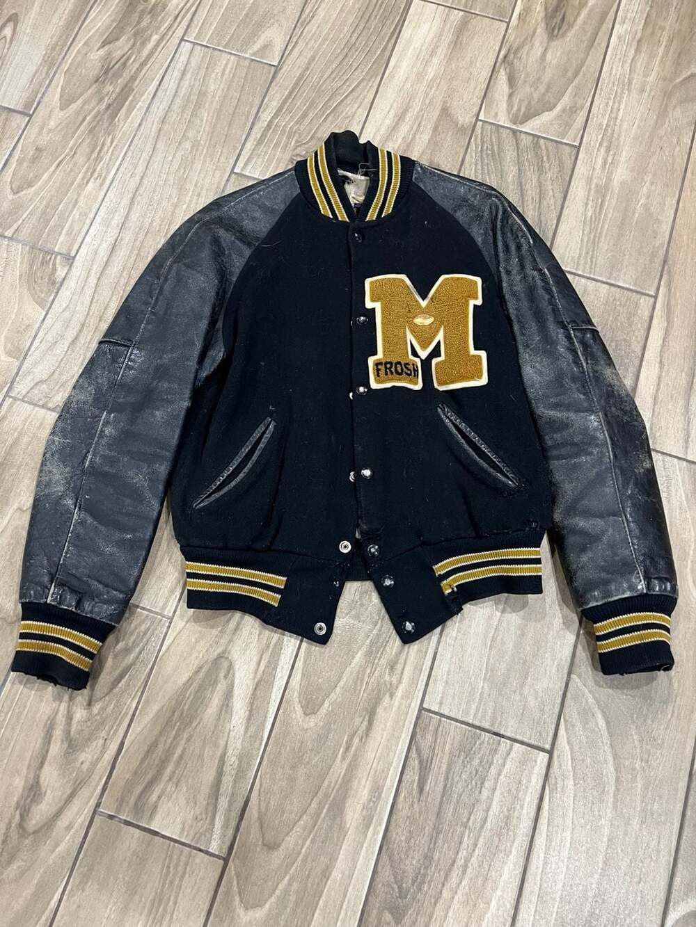 Vintage Diamond Hardware & Sporting Goods Varsity Letterman Jacket Size S Black